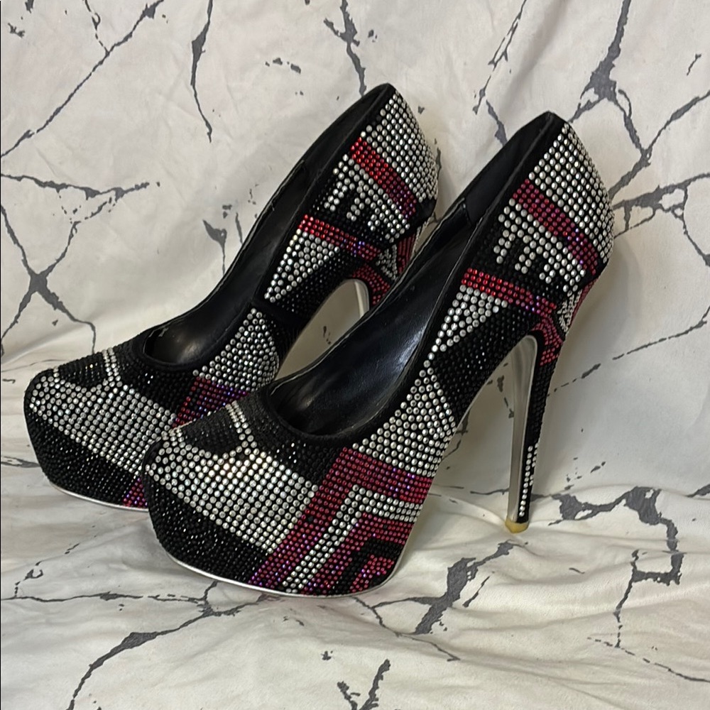 Elegant Black and Pink Rhinestone Heels